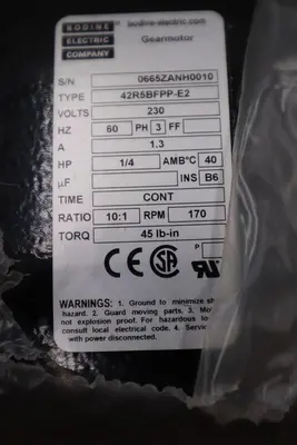 Bodine gear motor 42R5BFPP-E2 230V 3PH 1/4HP 10:1 170 RPM NEW UNIT STOCK H458