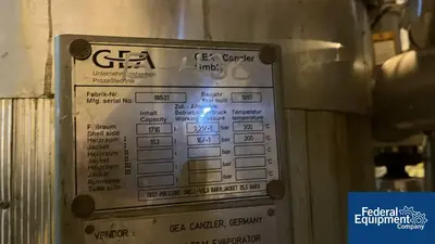 USED GEA 6.3 Sq Meter / 67 Sq Ft GEA Canzler Thin Film Evaporator, 904L S/S, 3.2/16 Bar
