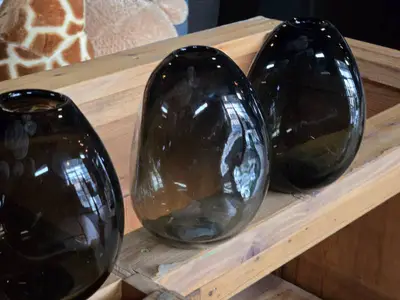 Lot of (4) Handblown Art Glass Table Vases by Holmegaard 6" x 7" (black) (rounded triangle)