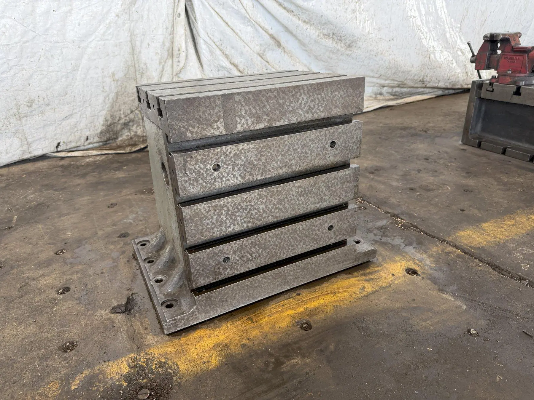 16" WIDE X 19" TALL X 9" DEEP DEVLIEG T-SLOTTED ANGLE PLATE. STOCK # 0433826