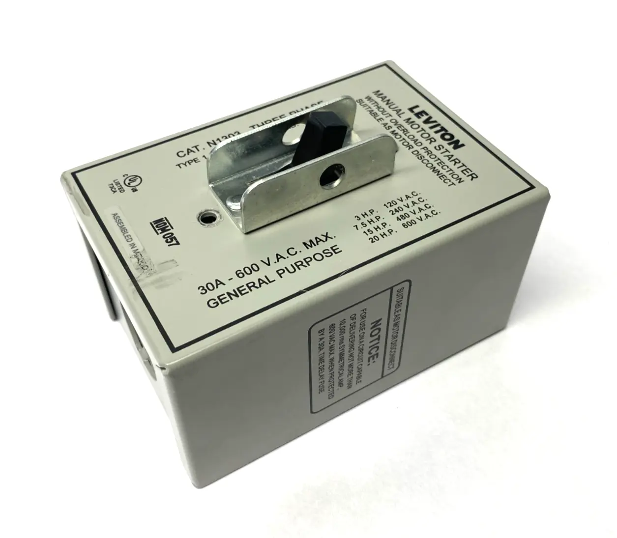USED LEVITON THREE-POLE AC MANUAL MOTOR CONTROLLER 30A 600V 3-PHASE