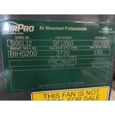 New | in-Stock AIRPRO FAN & BLOWER COMPANY BIHS200 Centrifugal Fans West Virginia US | JM Industrial #1323295