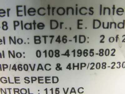 Power Electronics Intl BT746-1D Single Speed Soft Start Reduced Torque Control
