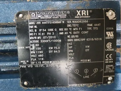 100 hp Marathon AC motor, 1190 rpm