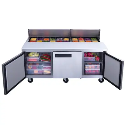 New | in-Stock Dukers New Dukers DSP72-18-S3 3-Door Commercial Food Prep Table Refrigerated in Stainless Steel Food Prep Tables Illinois US | Falcon Restaurant Supply #1376288