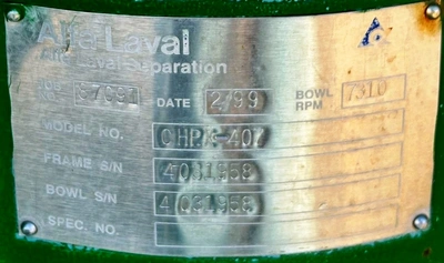 Alfa-Laval CHPX 407 TGP-14CG-60 separator skid, 316SS.
