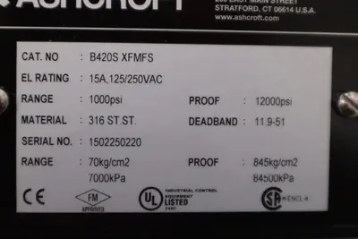 ASHCROFT B420S XFMFS PRESSURE SWITCH 1000 PSI 15A 125/250VAC - STOCK GF91A