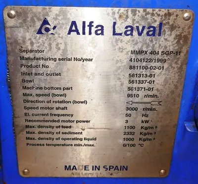 Alfa-Laval MMPX 404 SGP-11 oil purifier, 316SS.