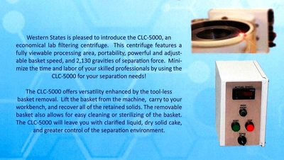 NEW: Western States CLC-5000 6 x 3.6 perforate lab basket centrifuge, 316L SS.