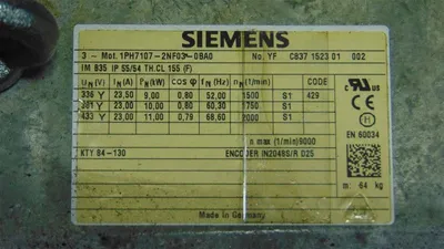 Siemens 1PH7107-2NF03-0BA0 Asynchronous Servo Motor 9-11 kW Used