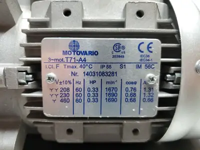 Used MOTOVARIO T71-A4 AC Motor, 208-460V, 0.33HP, 1670-1690RPM Motors (misc) | Palmetto Automation #1151250