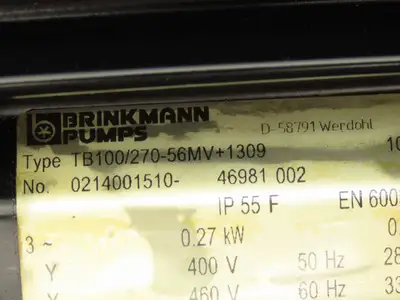 Brinkmann TB100/270-56MV+1309 Immersion Coolant Pump 100 L/min .27kW 460V 3PH