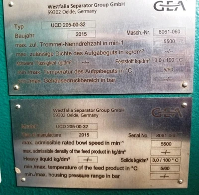 (2) Westfalia UCD 205-00-32 decanter centrifuges, 316SS.