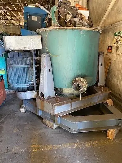 Used Sharples Tornado 48" x 30" Perforated Basket Centrifuge, stainless Steel, maximum bowl speed 1150 RPM, top load, bottom dump,  single motion full length plow assembly, feed pipe, rinse pipe, curb housing, top cover with inspection door