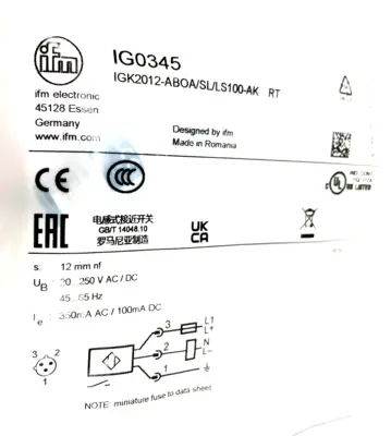 NEW IFM EFECTOR IG0345 PROXIMITY SWITCH IGK2012-ABOA/SL/LS100-AK