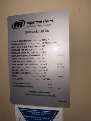 Used Ingersoll Rand Ingersoll Rand R75N-100 Air Compressors (Misc) Wisconsin US | ISP Equipment Group #1318803