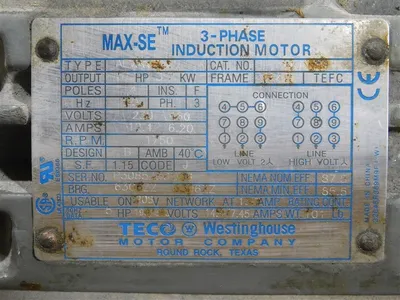 3.7 kW TECO Westinghouse MAX-SE 3-Phase Induction Motor 230/460V 1750 RPM Used
