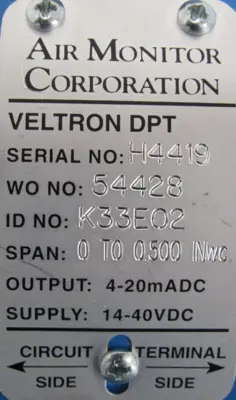 NEW AIR MONITOR CORP VELTRON DPT PRESSURE & FLOW TRANSMITTER 0-0.500 INwc