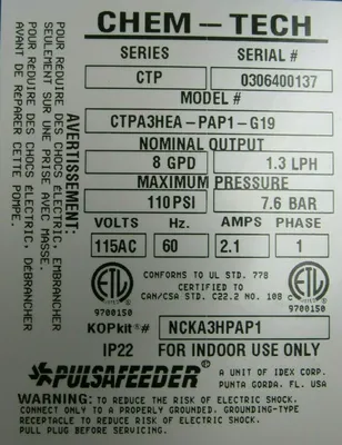 NEW CHEM-TECH CTPA3HEA-PAP1-G19 PULSAFEEDER CTPA3HEAPAP1G19 SERIES CTP