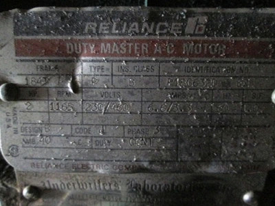 2 HP Reliance Electric Motor, 1165 rpm, Frame 184T