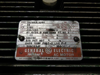 GE General Electric 15 HP Motor 1185 RPM (230/460 Volts) 3 Phase 5K286JL324V