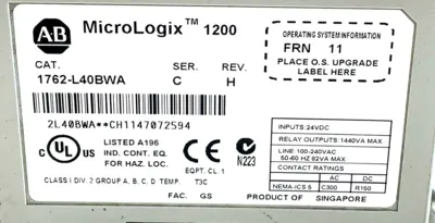 USED ALLEN BRADLEY 1762-L40BWA LOGIC CONTROLLER SER.C REV.H 1762L40BWA