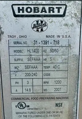 Used 2007 HOBART HL1400 Planetary Mixers Ohio US | Palm Beach Restaurant Equipment, LLC #1421266
