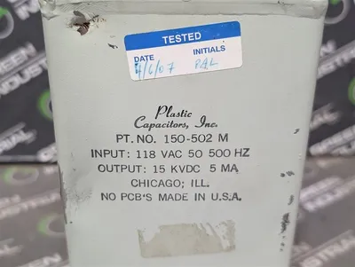Plastic Capacitors, Inc. HV 150-502 M Capacitor 15KVDC 5MA Output No Mount Used