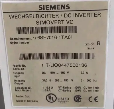 Siemens 6SE7016-ITA61 frequency converter Loc1D14