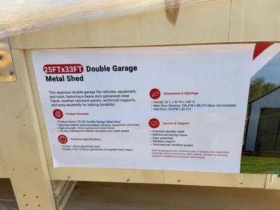 New SDLANCH 25’ x 33’ Double Garage Metal Shed, Model SDLC2533FT, 292” Wide x 386” Long x 148” Tall ...