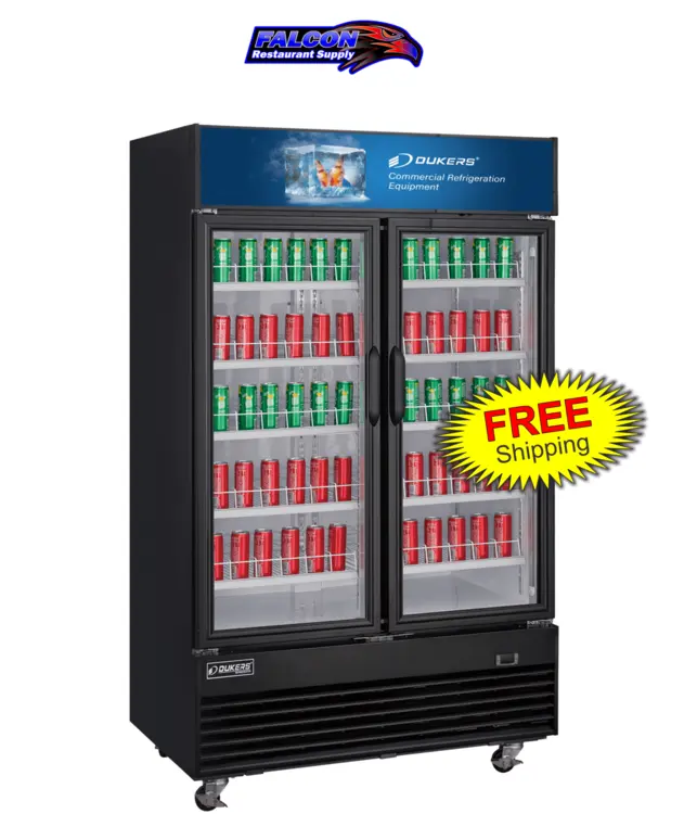 New | in-Stock Dukers New Dukers DSM-48R Commercial Glass Swing 2-Door Merchandising Reach-in Cooler Refrigerator in Black Display Refrigerators Illinois US | Falcon Restaurant Supply #1376360