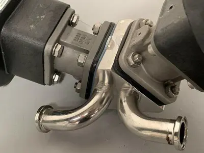 USED 2 ITT SHEROTEC 3-WAY STAINLESS STEEL VALVE W/ POSITION MONITORS & 1" FITTINGS