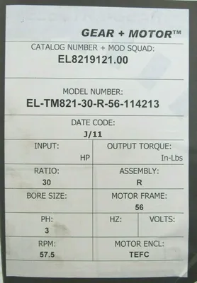 NEW LEESON EL8219121.00 GEARMOTOR 30:1 3/4HP EL-TM821-30-R-56+114213 114213.00