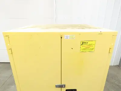 Jamco FM90 Safety Flammable Cabinet 60 Gallon Double Shelf Yellow Rusted Base