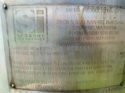 Tank, 270 Gallon, 316L Stainless Steel, UL 142, 3' x 5', #S743624