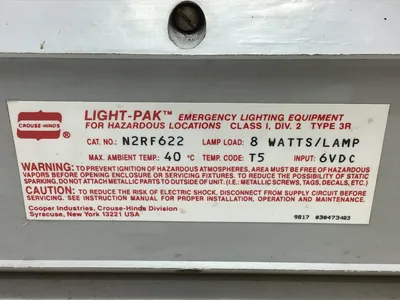 CROUSE HINDS N2RF622 LIGHT-PAK 6VDC EMERGENCY LIGHT 8-WATTS