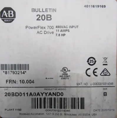 20BD011A0AYYAND0 POWER FLEX 700 SER.B 7.5HP NEW SURPLUS