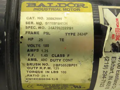 Baldor 24A709Z022G1 DC Gearmotor 20:1 Ratio 1/4Hp 125rpm 180V PSL Inline