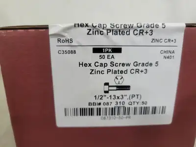 1/2"-13x3" Hex Cap Screw Grade 5, Zinc Cr+3 (Box of 50)