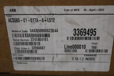 ABB ACS580-01-017A-6+L512 AC DRIVE 3~525-600V IN 15HP 17A TYPE 1 - STOCK GF36