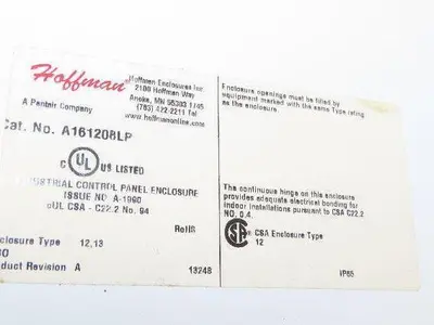 Hoffman A161208LP Electrical Enclosure 16x12x8" JIC Box Backplate Type 12