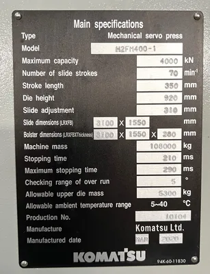 NEW 2026 KOMATSU PRESSES KOMATSU H2FM400-1 PRESS