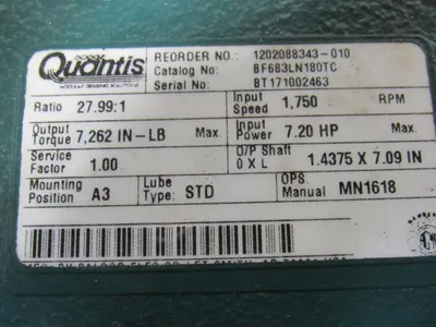Dodge BF683LN180TC 27.99:1 Ratio 1750RPM Input 62.5RPM Hollow Shaft Gearbox