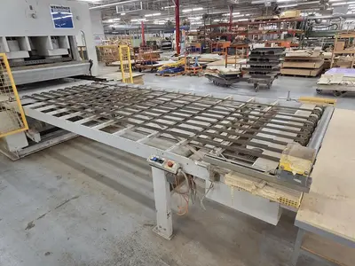 WEMHONER 5’ x 10’ SINGLE-OPENING SHORT-CYCLE FEED-THROUGH HOT PRESS WITH AUTOMATIC MATERIAL MEASURING/PRESSURE SYSTEM