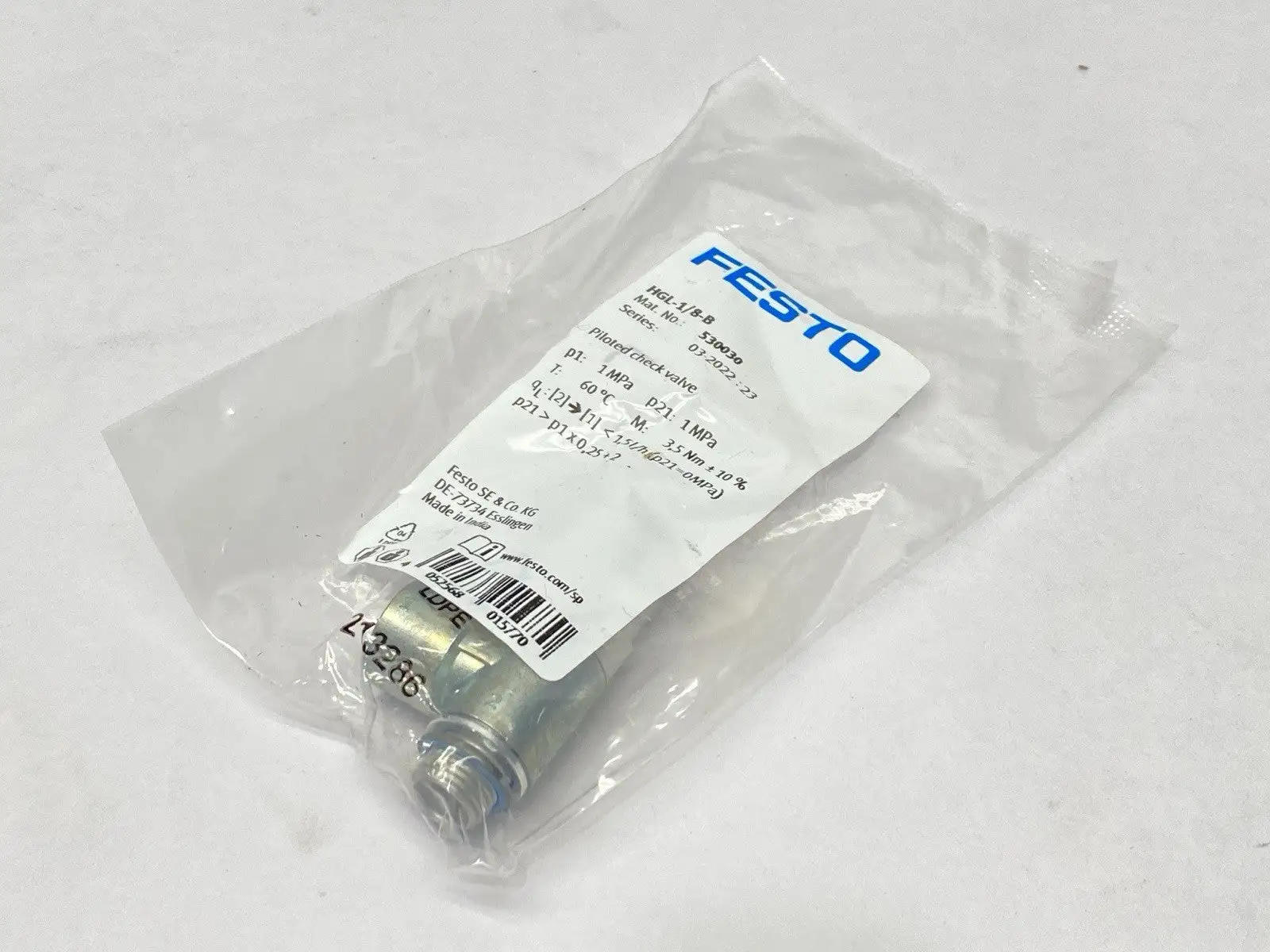 NEW FESTO 530030 PILOTED NON-RETURN CHECK VALVE