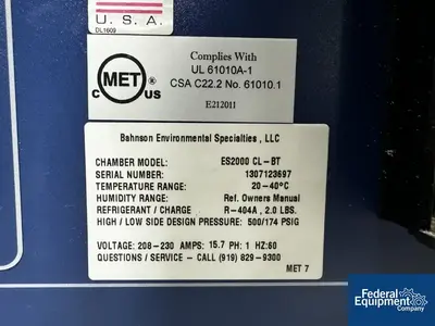 USED Environmental Specialties Bahnson Environmental Specialties Stability Chamber, Model ES2000