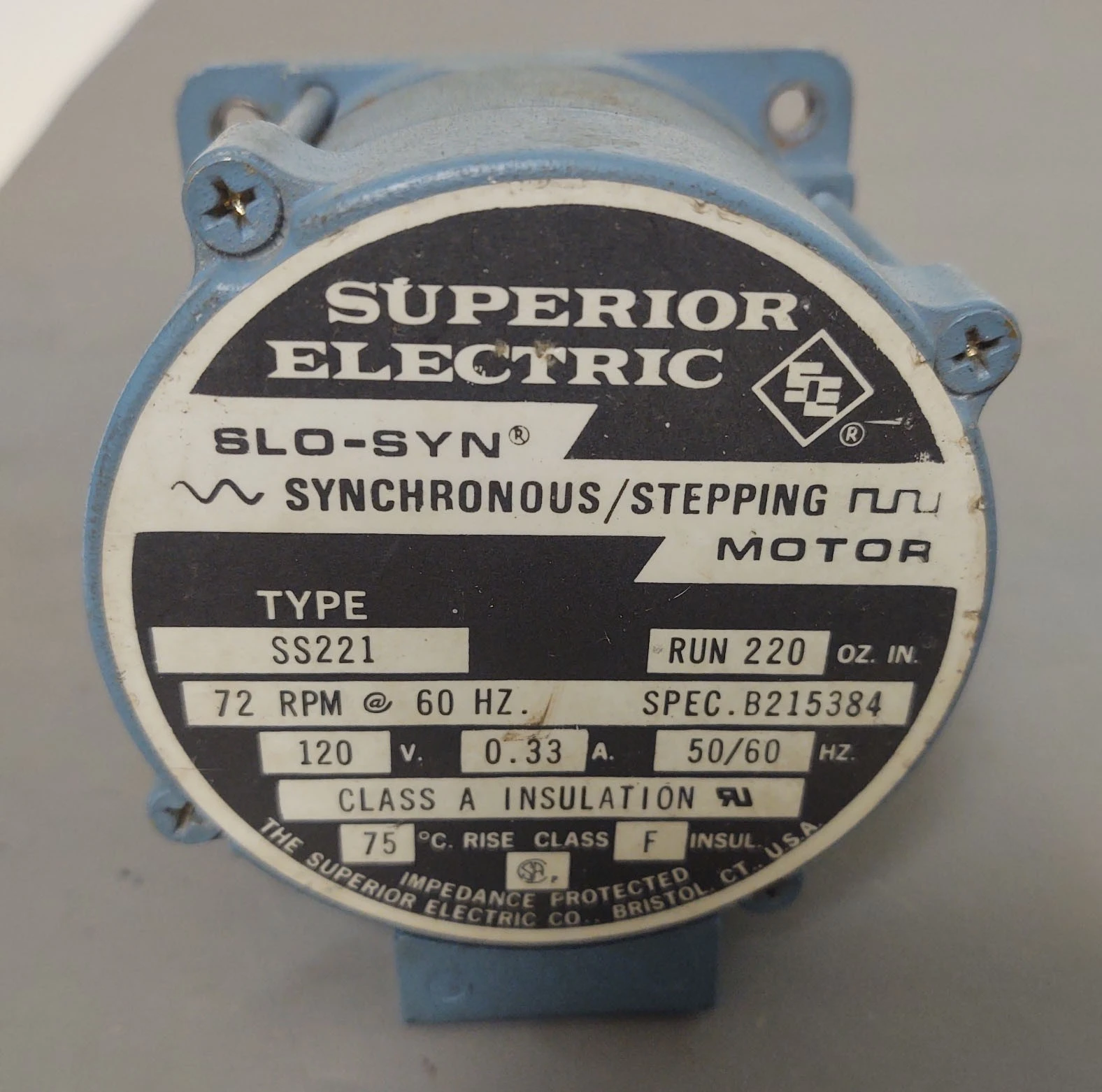 🔥SUPERIOR ELECTRIC SS221 SYNCHRONOUS STEPPING MOTOR 120 V 72 RPM 220oz
