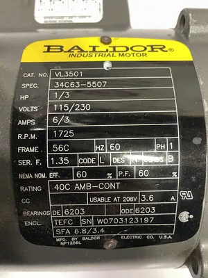 Baldor VL3501 1/3HP Electric Motor 1725RPM 115/230V 1PH TEFC