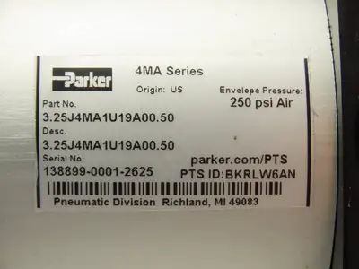 Parker 3.25J4MA1U19A00.50 Pneumatic Air Cylinder 3.25" Bore x .5" Stroke 250PSI