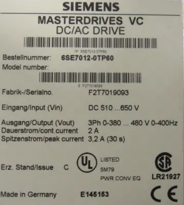 USED SIEMENS 6SE7012-0TP60 DC/AC DRIVE SE70120TP60